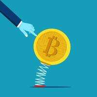bitcoin concept with hand pointing to a spring and a coin vector