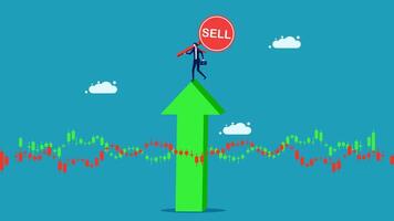 a man is standing on top of a sell sign vector