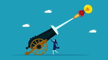 a woman is pointing at a cannon with a light bulb on top vector
