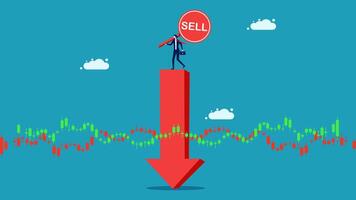 a businessman is standing on a red arrow pointing to a sell sign vector