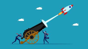 businessman using cannon to launch a rocket vector