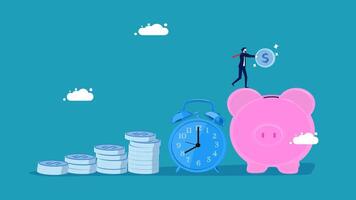 a man is standing on top of a piggy bank with a clock vector