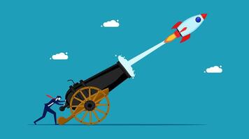 a man is pointing a cannon at a rocket vector
