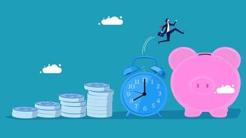 a man is running to a pink piggy bank with a clock vector