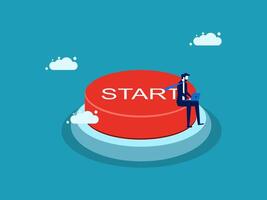 a man sitting on top of a red button with the word start vector