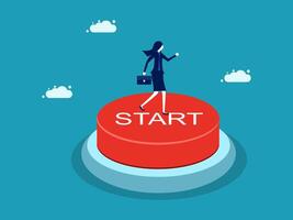 a woman is standing on a button with the word start vector