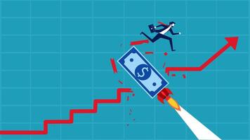 businessman running up a rocket to reach the top of the graph vector