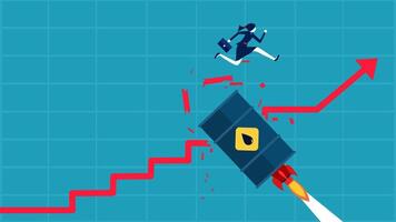 a woman is running up a ladder and a rocket is coming down vector