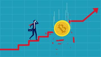 a man in a suit is standing on a staircase with a bitcoin falling down vector