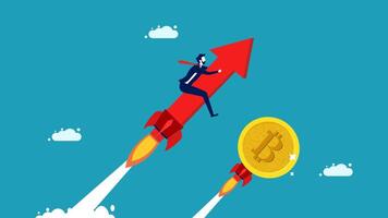 a man in a suit is riding on a rocket with a bitcoin coin vector
