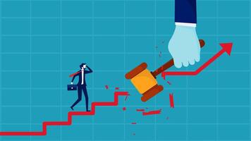 businessman is falling down the graph and being hit by a hammer vector
