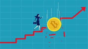 a woman is walking up a staircase with a bitcoin coin vector