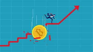 a man is falling down a chart with a bitcoin coin vector