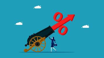 a woman pushing a cannon with a red arrow pointing up vector