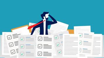 man with a red tie standing on top of a pile of documents vector