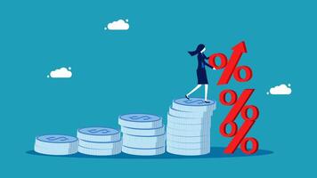 businesswoman standing on top of stacks of coins with a red arrow pointing up vector