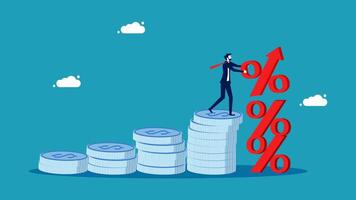 businessman climbing on top of stacks of coins with a red arrow pointing up vector