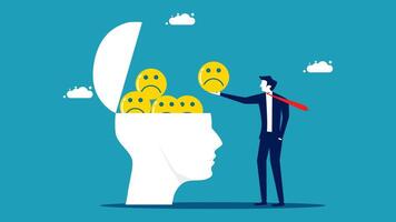 a man is standing next to a brain with a smiley face on it vector