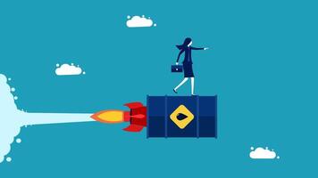 a woman is standing on top of a rocket with a suitcase vector