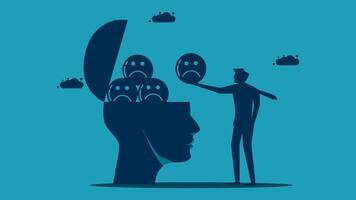 a man is standing in front of a head with a brain and a person is standing next to vector