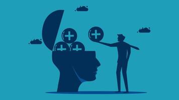 a man is holding a brain with a bunch of pills in it vector