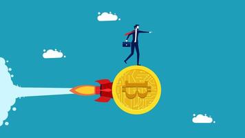 a man is standing on top of a bitcoin coin vector