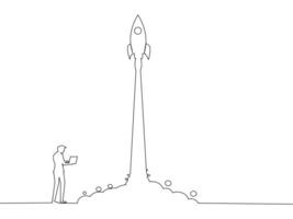 one line drawing of a man standing next to a rocket vector
