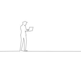 one line drawing of a man standing with a laptop vector