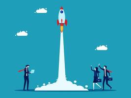 business people standing in front of a rocket launching into space vector