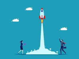 business people standing in front of a rocket launching into the sky vector