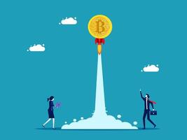 business people standing next to a rocket with a bitcoin coin on it vector