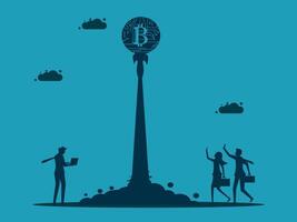 people standing in front of a bitcoin tower vector