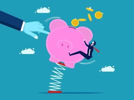 a hand is pushing a piggy bank with a man falling into it vector