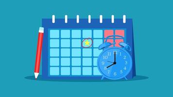 calendar with clock and pencil on blue background vector