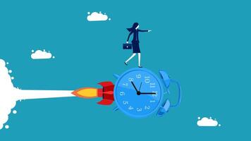 a woman is standing on a clock with a rocket vector