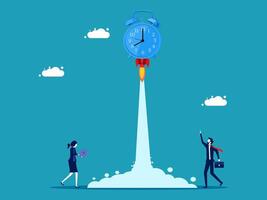 business people standing in front of a clock with a rocket vector