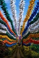 Geometric photo of Colorful Hallway full of Pinwheels. Background of natural scenery in amusement park. Graphic Resources. Background Photography. Travel Destinations