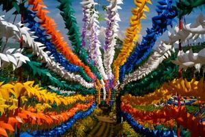 Geometric photo of Colorful Hallway full of Pinwheels. Background of natural scenery in amusement park. Graphic Resources. Background Photography. Travel Destinations