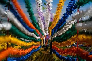 Blurred and defocused photo of Colorful Hallway full of Pinwheels. Background of natural scenery in amusement park. Graphic Resources. Background Photography. Blurred Background