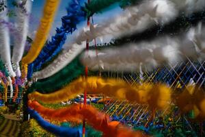 Blurred and defocused photo of Colorful Hallway full of Pinwheels. Background of natural scenery in amusement park. Graphic Resources. Background Photography. Blurred Background