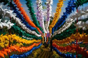 Blurred and defocused photo of Colorful Hallway full of Pinwheels. Background of natural scenery in amusement park. Graphic Resources. Background Photography. Blurred Background