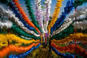 Blurred and defocused photo of Colorful Hallway full of Pinwheels. Background of natural scenery in amusement park. Graphic Resources. Background Photography. Blurred Background