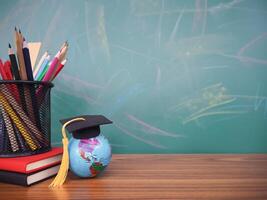 Student creative desktop, earth globe with graduation hat and colorful stationery on hardcover book. Copy space for text, Back to school, Education concept photo