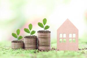 Miniature house and plants growing up on stack of coins. The concept of saving money for house, Property investment, House mortgage, Real estate. photo