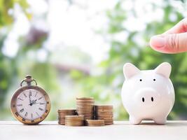 Close up of hand putting coins into piggy bank, vintage watch and stack of coins. The concept of saving money, Financial, Investment and Business growing. photo