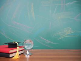 Student creative desktop with graduation hat on hardcover book and glass earth globe. Copy space for text, Back to school, Education concept photo