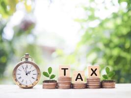 Vintage watch, Wooden blocks with the word TAX and plants growing up on stack of coins. The concept about saving money and manage time to paying tax photo