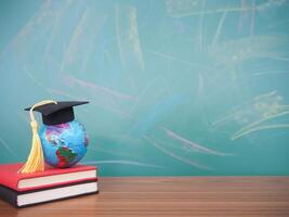 Student creative desktop , earth globe with graduation hat on hardcover book. Copy space for text, Back to school, Education concept photo