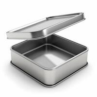 Rectangular tin box with an open lid. Metal box for various purposes. Isolate on a white back photo