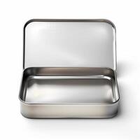 Rectangular tin box with an open lid. Metal box for various purposes. Isolate on a white back photo